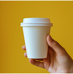 hand holding a white paper coffee cup