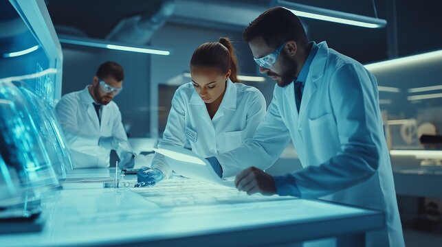 diverse team of engineers working together on a blueprint, in a modern laboratory with advanced technology in the background