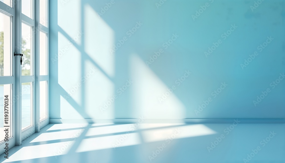 Poster Empty room with light blue walls, floor. Sunlight streams through window creating soft shadows. Minimalist design for product presentation. Calm, serene atmosphere. Ideal for product service.