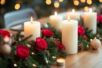 A beautifully arranged table showcases white candles surrounded by vibrant red roses and greenery, creating an inviting atmosphere for a festive celebration during the holiday season