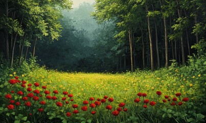 Obraz premium A serene and peaceful forest filled with lush greenery and vibrant wildflowers including red clove