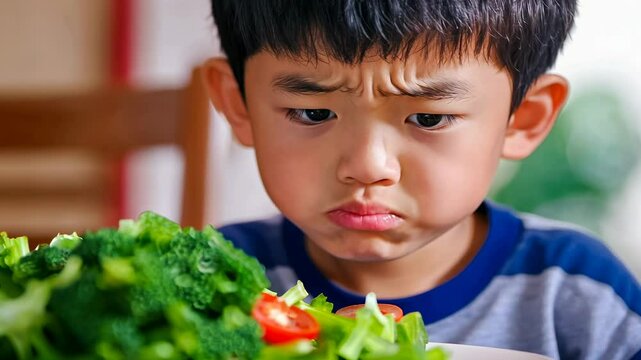 Toddler Asian boy examines vegetables.Child frowning plate greens.Vegetables untouched meal.Salad disgust illustrated beautifully.Healthy eating concepts depicted.