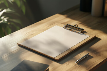 Blank clipboard with pen on wooden desk in sunlight.