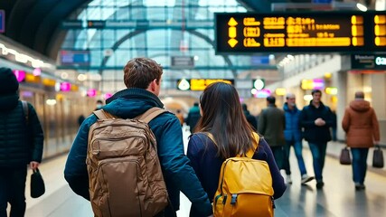Couple at Train Station Embracing Love and Support During Travel