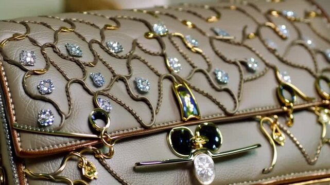 Diamond encrusted handbag, radiating opulence with its intricate design and sparkling embellishments,