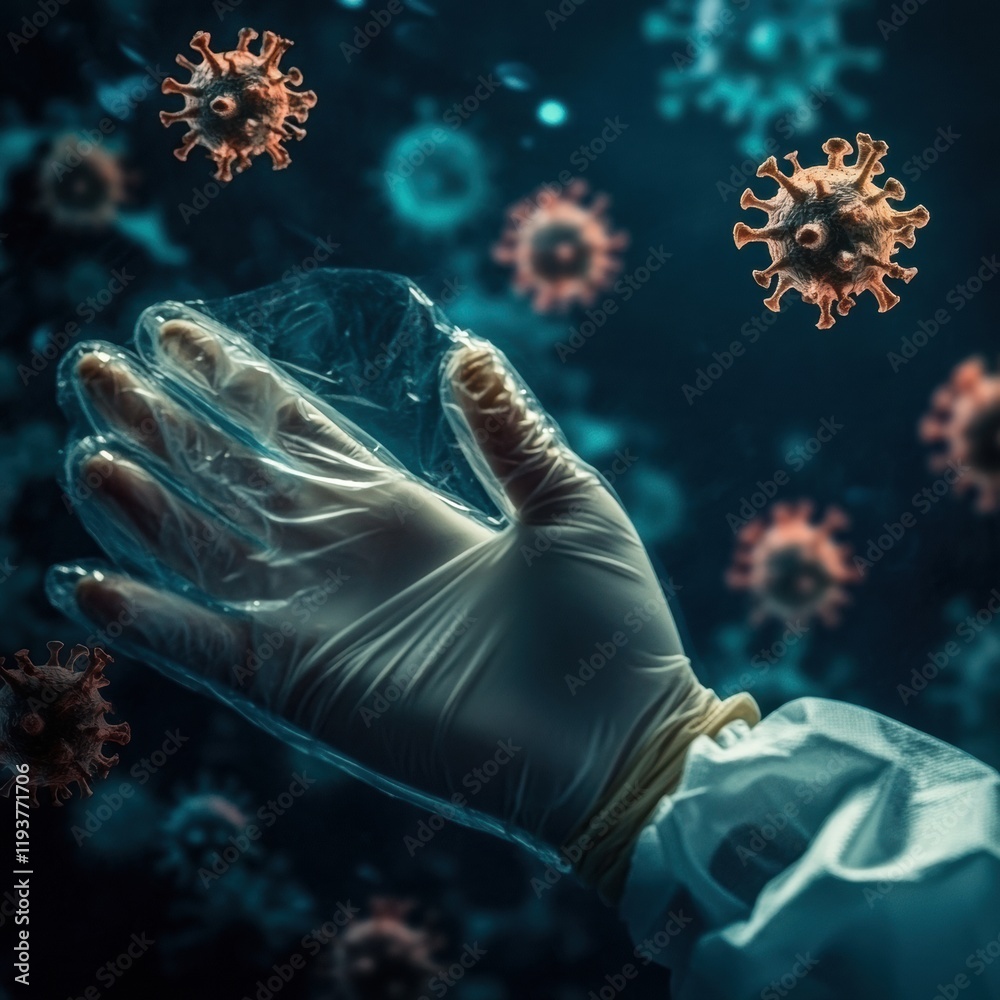 Leinwandbilder protective gloves and mask surrounded by fading viruses in a medical setting. generative ai