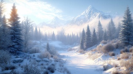 peaceful winter landscape with mountains and pine trees