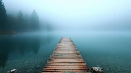 Fototapeta premium Wooden pier extending into misty lake with softly blurred edges