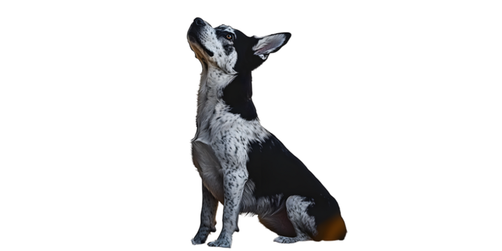 A dog is sitting on the ground and looking up