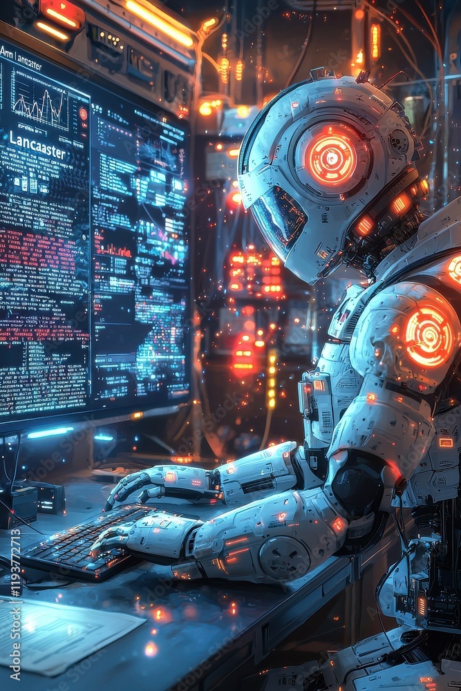 Poster futuristic ai robot programming in a high-tech, neon-lit data center