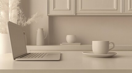 Minimalist Beige Home Office Workspace Setup with Laptop and Coffee