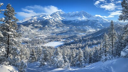 snowy forest in the mountains on a sunny day