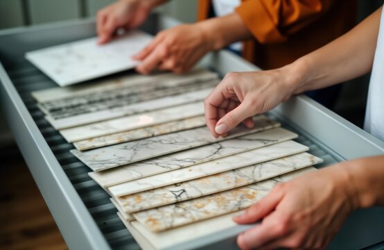 Female interior designer, client choose marble stone colors in showroom. Hands carefully examine different marble samples. Planning home renovation furnishing project. Pro consulting, design process - Powered by Adobe