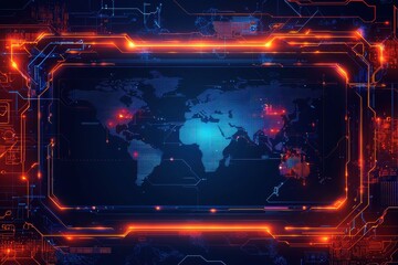 Digital world map with futuristic blue and orange neon interface design