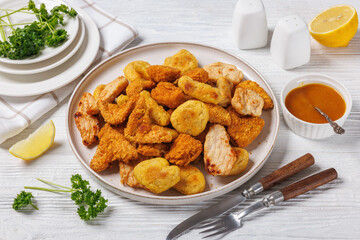 fried chunks, bites, tenders, nuggets on a plate
