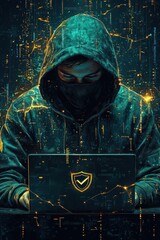 Digital hacker in hoodie illuminated by glowing cyber sparks at night