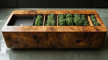 Indoor herb garden with sink in modern kitchen.