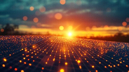 Obraz premium Captivating sunset landscape with a glowing meadow and thousands of twinkling lights stretching out towards the horizon creating a serene and enchanting atmosphere This idyllic