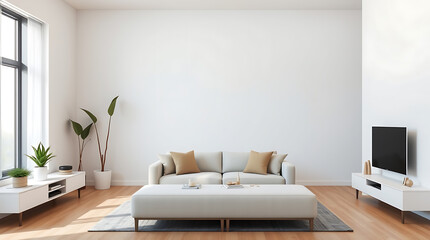 Modern Minimalist Living Room Interior Design: A Bright and Airy Space with Neutral Colors and Elegant Furniture. Perfect for Relaxation and Contemporary Living.