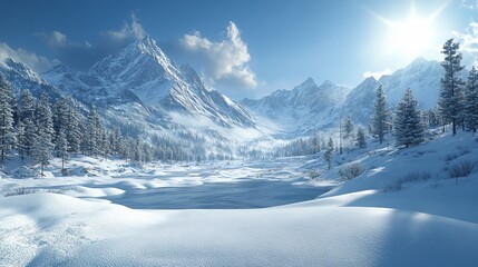 snowy forest in the mountains on a sunny day