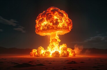 Massive nuclear explosion in desert landscape. Huge mushroom cloud of fire, smoke rises into dark night sky. Destruction, devastation spread across vast terrain. Bomb blast impact causes intense