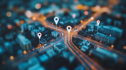 Urban nightscape with digital location markers over city intersections