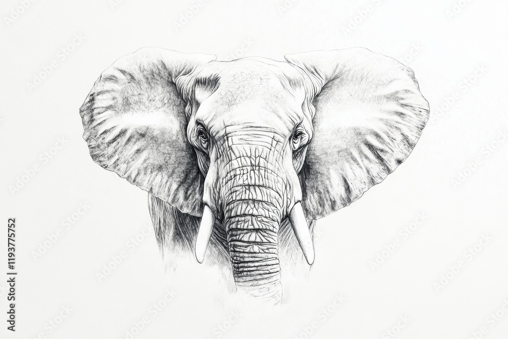 Poster elephant illustration showcasing detailed features of this majestic animal in a neutral setting with