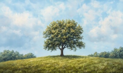 Fototapeta premium A lone tree standing tall amidst a lush meadow with a soft blue sky above, towering tree, lush meadow