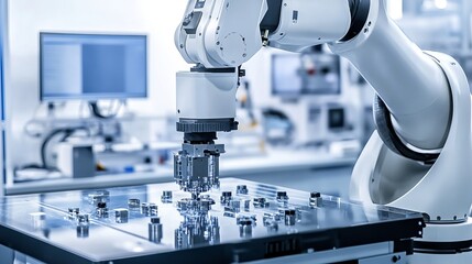 A robot assisting with precision glass cutting in a high-tech optics lab with clean, organized cutting stations and advanced glass handling systems, Optics tech style