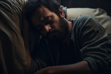 Obraz premium Depressed Mid-Forties Man Crying Alone in Bed, Suffering from Anxiety and Abandoned Feelings
