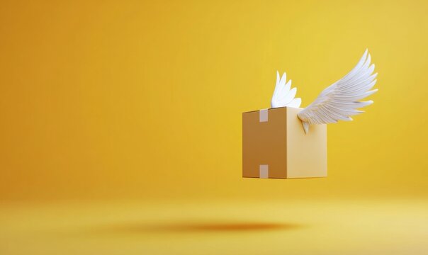 Flying box with wings, business package shipping and delivery concept.