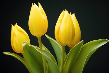 Naklejka premium Early Spring Bloom: Yellow Tulip Bud and Flower in Herbaceous Background for March to May Garden Inspiration