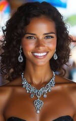 A woman with curly hair and a radiant smile showcases stunning silver jewelry at a lively outdoor gathering, capturing the essence of joy and elegance