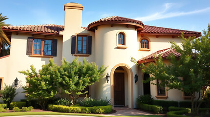 Fototapeta premium Luxury Mediterranean-Style House with Landscaped Garden and Stunning Exterior Design