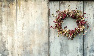A delicate floral wreath on a weathered door frame, weathered door frame, natural elements, grungy background, home decor, delicate floral wreath