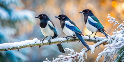 Three Eurasian Magpies Perched on a Branch - Rule of Thirds Composition