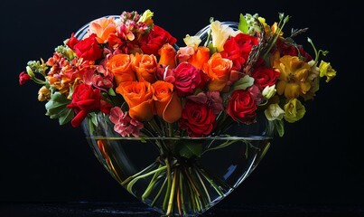 A beautiful bouquet of flowers arranged in the shape of a heart with stems connected to a vase filled with fresh water, garden blooms, water features, natural elements, fresh flowers