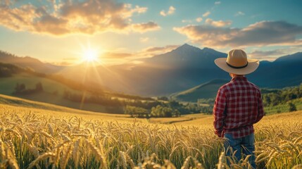 Fototapeta premium gold wheat field with relaxing farmer at agriculture plantation farm in the morning sunrise