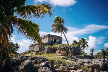 Explore the Ancient Ruins and Caribbean Beach of Tulum, Mexico: A Majestic Temple Amidst Palm Trees