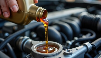 Fototapeta premium Closeup view of oil pouring into car engine. Person carefully pouring oil lubricant into car engine. Maintenance work on vehicle. Engine servicing concept. Automotive industry. Quality fuel added to