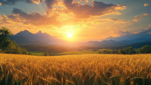 gold wheat field at agriculture plantation farm in the morning sunrise