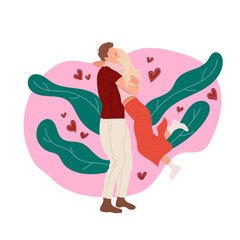 Valentine's day, happy hugging couple, hearts, leaves.