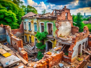 Fototapeta premium Tilt-Shift Photography: Odessa Ruins - Historic House Destroyed by Storm and Earthquake (2017)