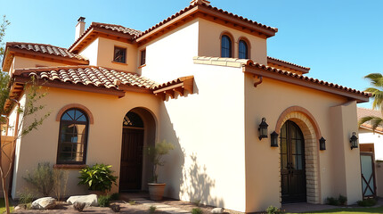 Fototapeta premium Luxury Mediterranean-Style Home: Stunning Architecture and Landscaping. Discover the epitome of elegant living in this breathtaking residence, showcasing exquisite design and serene outdoor spaces.