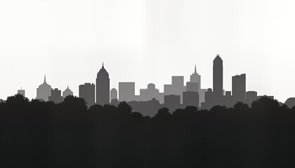 Obraz premium Washington DC skyline silhouette against pale sky. Minimalist urban design. Cityscape view. Buildings, trees shown in simple black, white silhouette. Urban landscape image. Illustration for banner