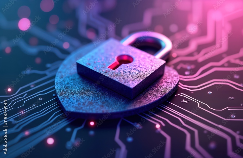 Poster Digital lock icon on circuit board secure tech system. Purple, blue colors highlight cyber protection concept. Safe network access represented. Advanced encryption methods shown. Illustration