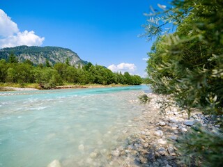 River Isar near Sylvenstein reservoir close to village. Fall in the Karwendel Mountains. Germany,...