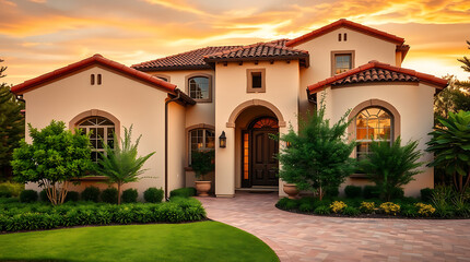 Naklejka premium Mediterranean-Style Luxury Villa at Sunset: Breathtaking Architecture and Landscaping