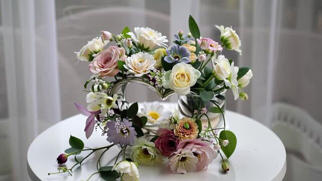 Heart-shaped flower arrangement on a white table, with soft, blurred background, creating a romantic and elegant atmosphere,