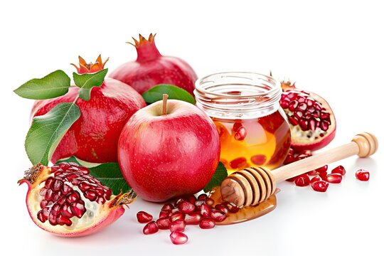 Rosh Hashanah symbols  honey  apple  pomegranate on white background.